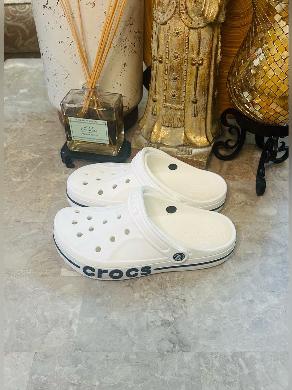 Crocs Iconic Comfort Slip-On Sandals White Black Trim Outdoor Casual Size M7 W9